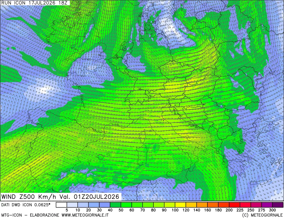 mappa 500 hPa Vento forza e direzione
