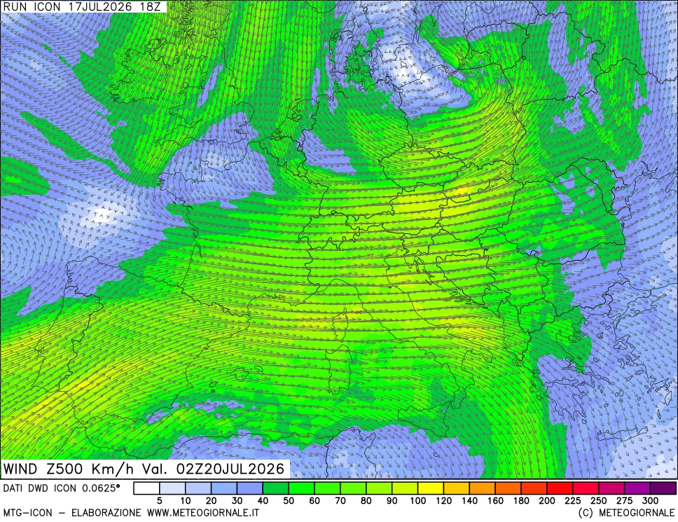 mappa 500 hPa Vento forza e direzione