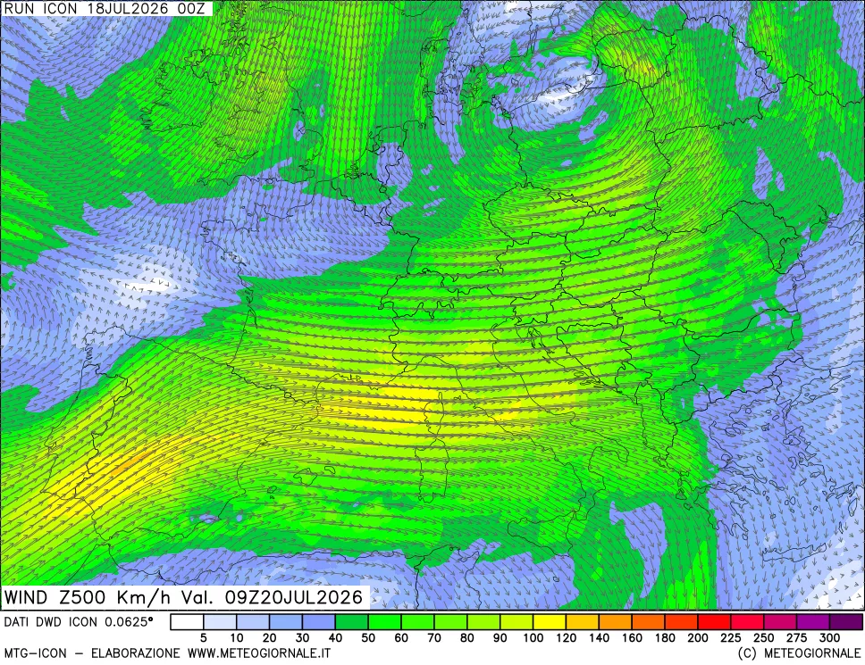 mappa 500 hPa Vento forza e direzione