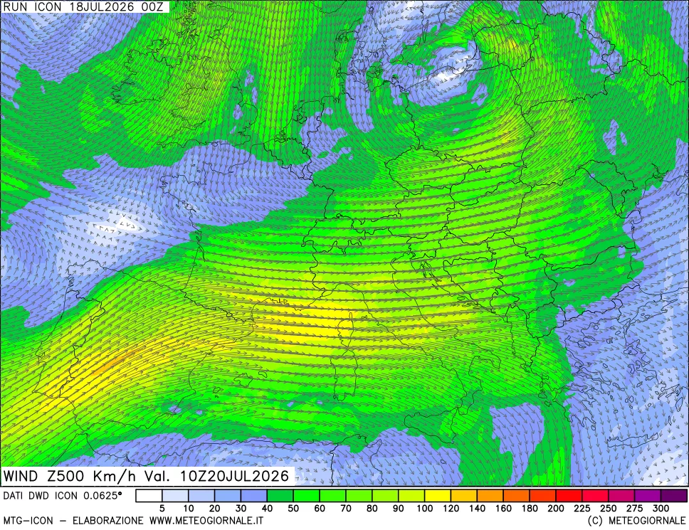 mappa 500 hPa Vento forza e direzione