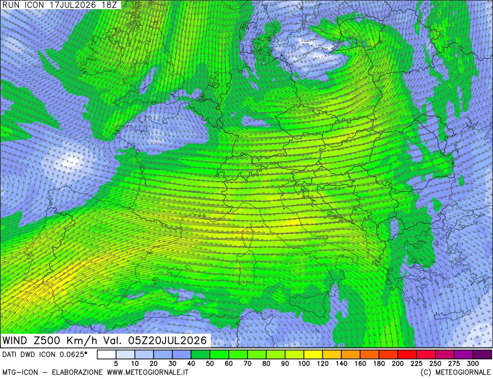 mappa 500 hPa Vento forza e direzione