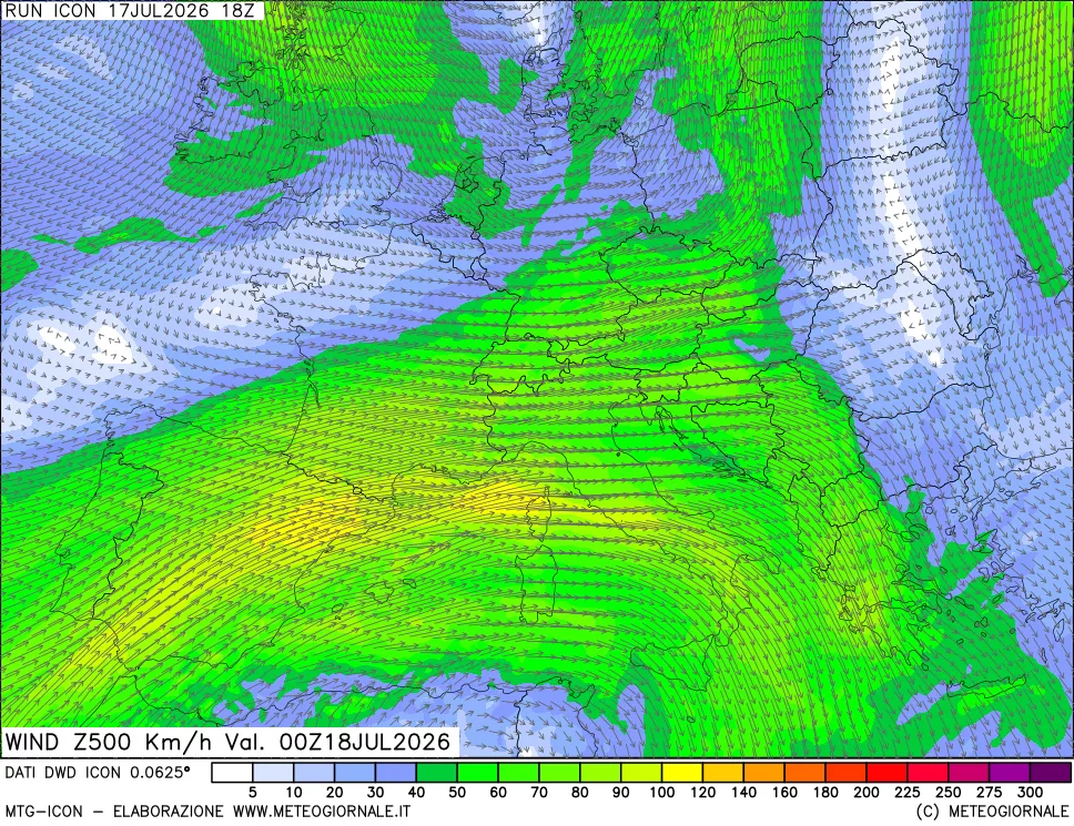mappa 500 hPa Vento forza e direzione