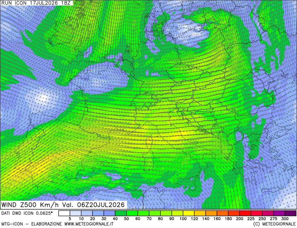 mappa 500 hPa Vento forza e direzione
