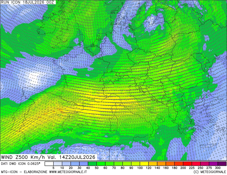 mappa 500 hPa Vento forza e direzione