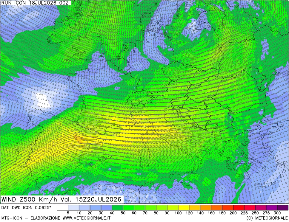 mappa 500 hPa Vento forza e direzione