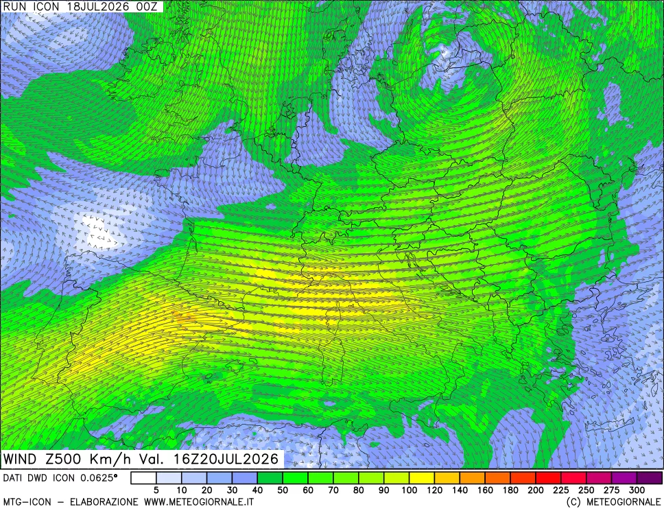 mappa 500 hPa Vento forza e direzione