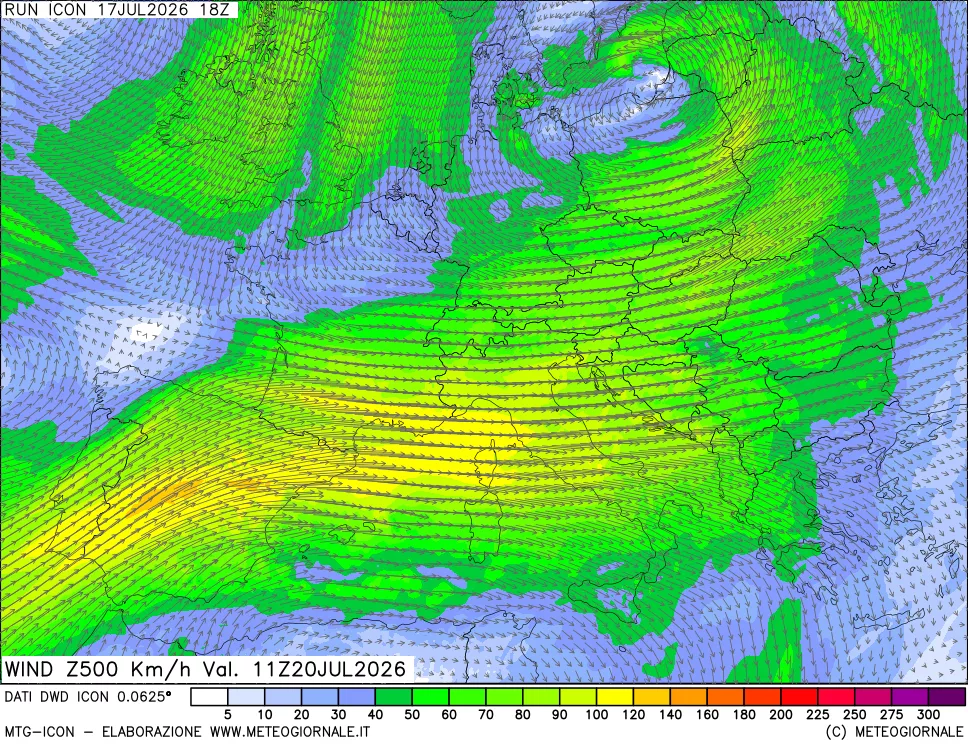 mappa 500 hPa Vento forza e direzione