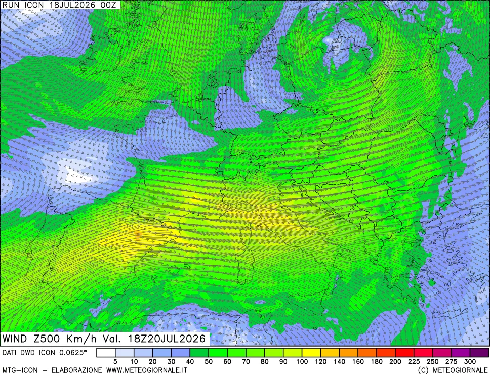 mappa 500 hPa Vento forza e direzione