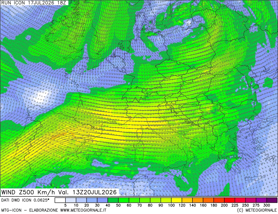 mappa 500 hPa Vento forza e direzione