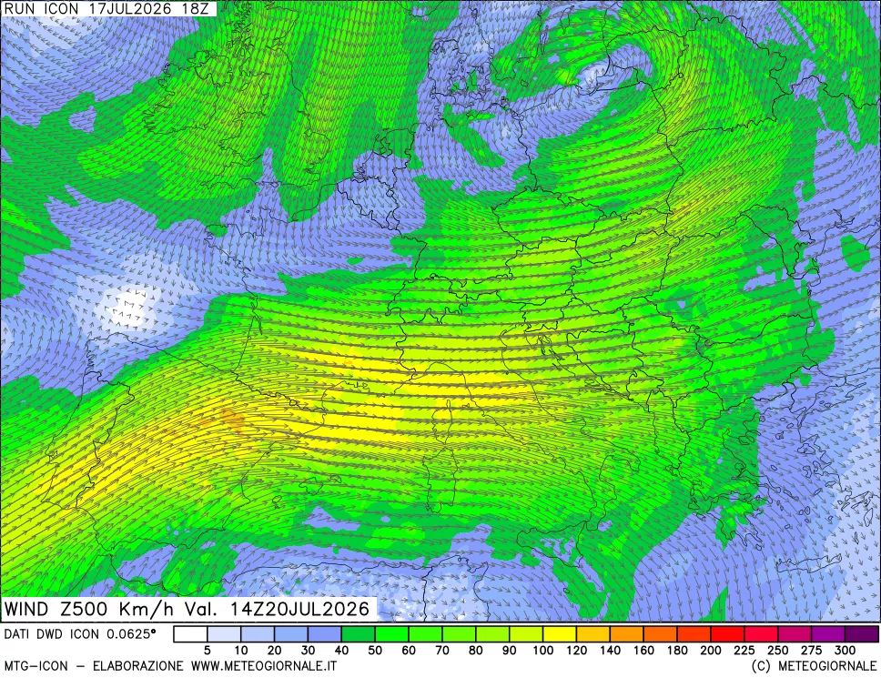mappa 500 hPa Vento forza e direzione