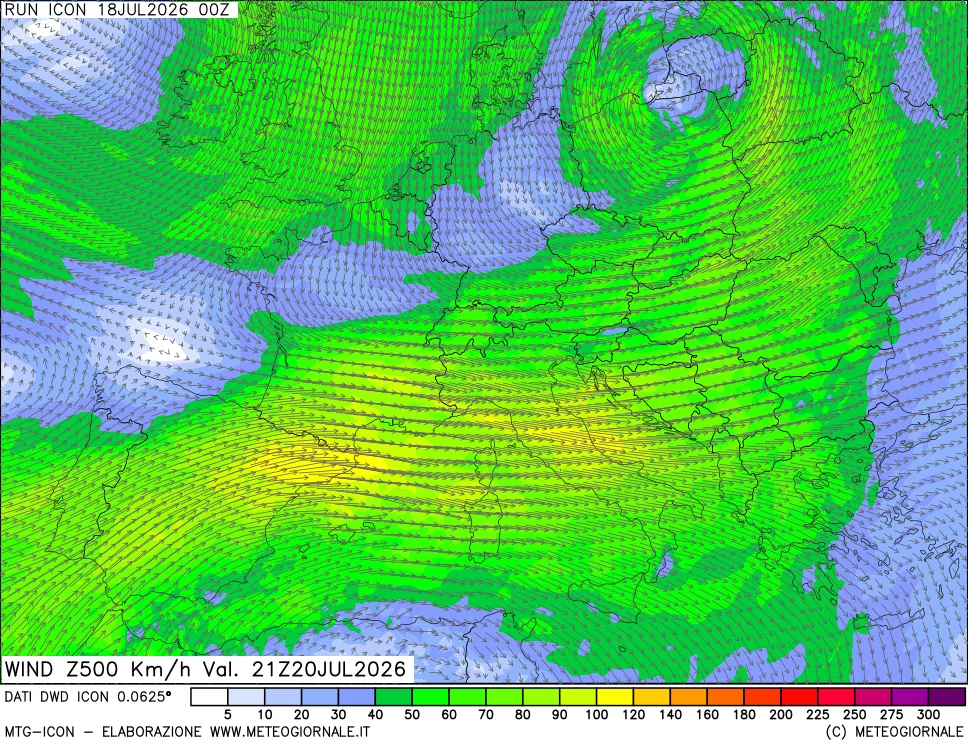 mappa 500 hPa Vento forza e direzione