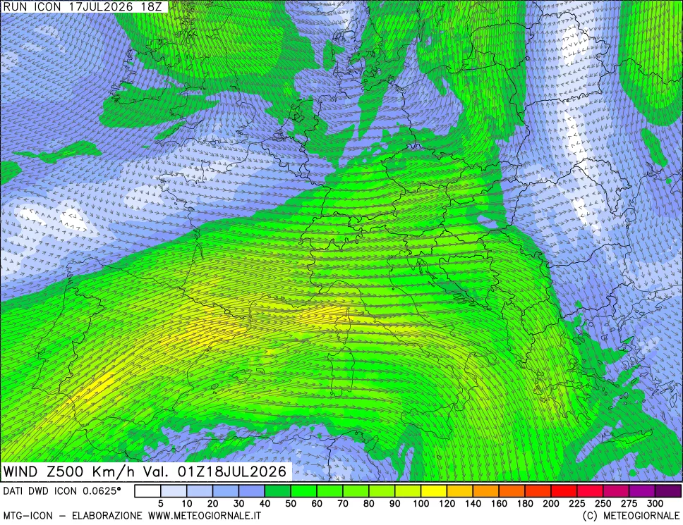 mappa 500 hPa Vento forza e direzione