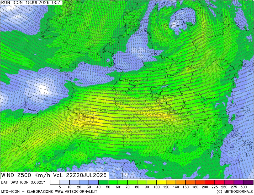mappa 500 hPa Vento forza e direzione