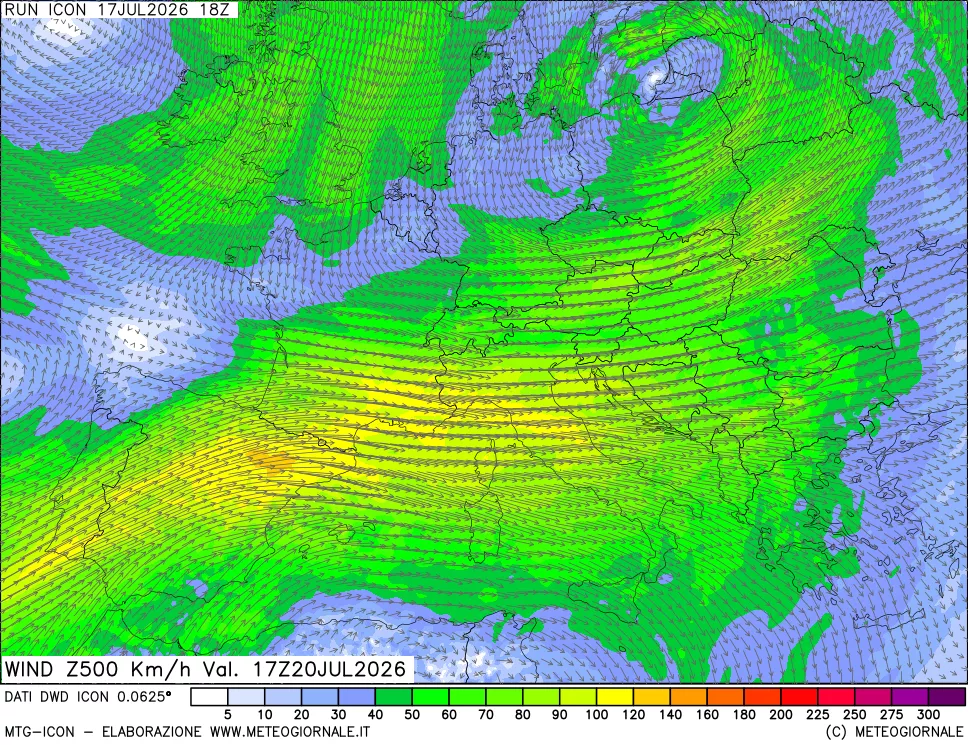 mappa 500 hPa Vento forza e direzione