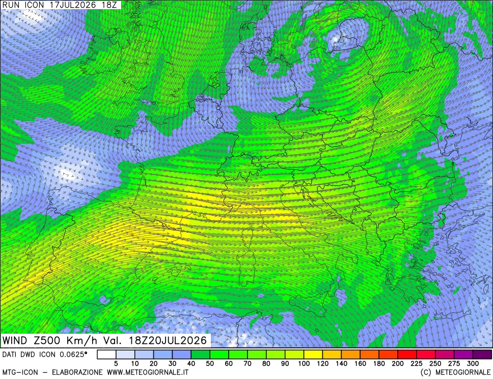 mappa 500 hPa Vento forza e direzione