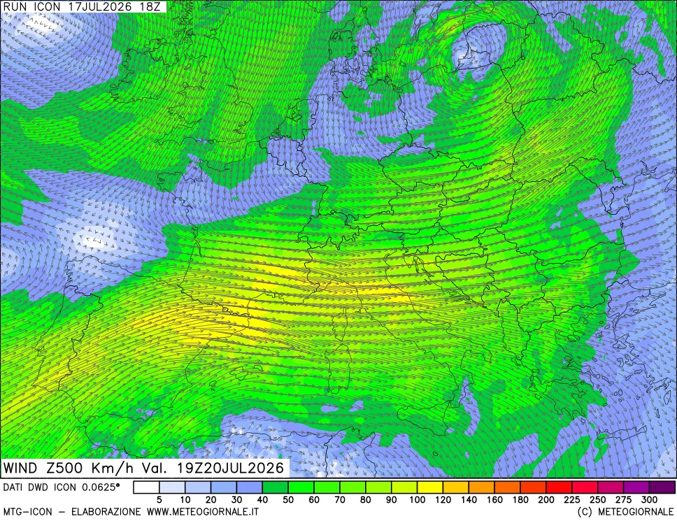 mappa 500 hPa Vento forza e direzione