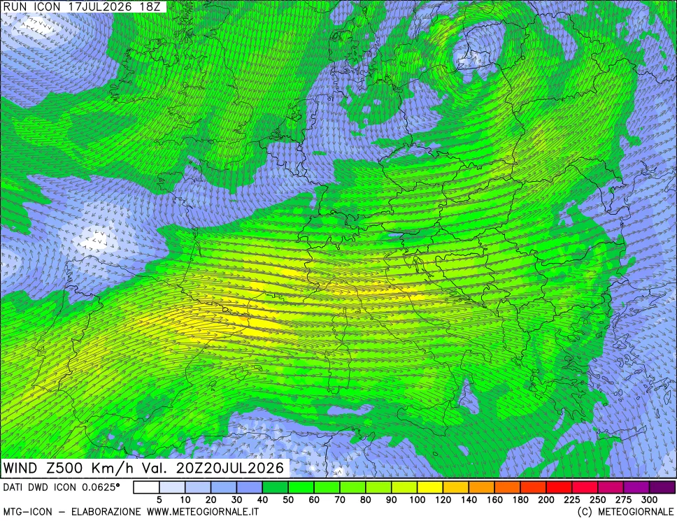 mappa 500 hPa Vento forza e direzione