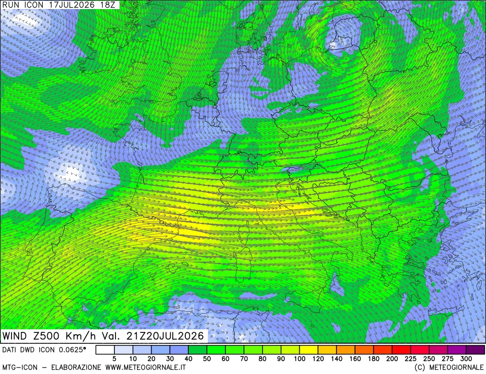 mappa 500 hPa Vento forza e direzione