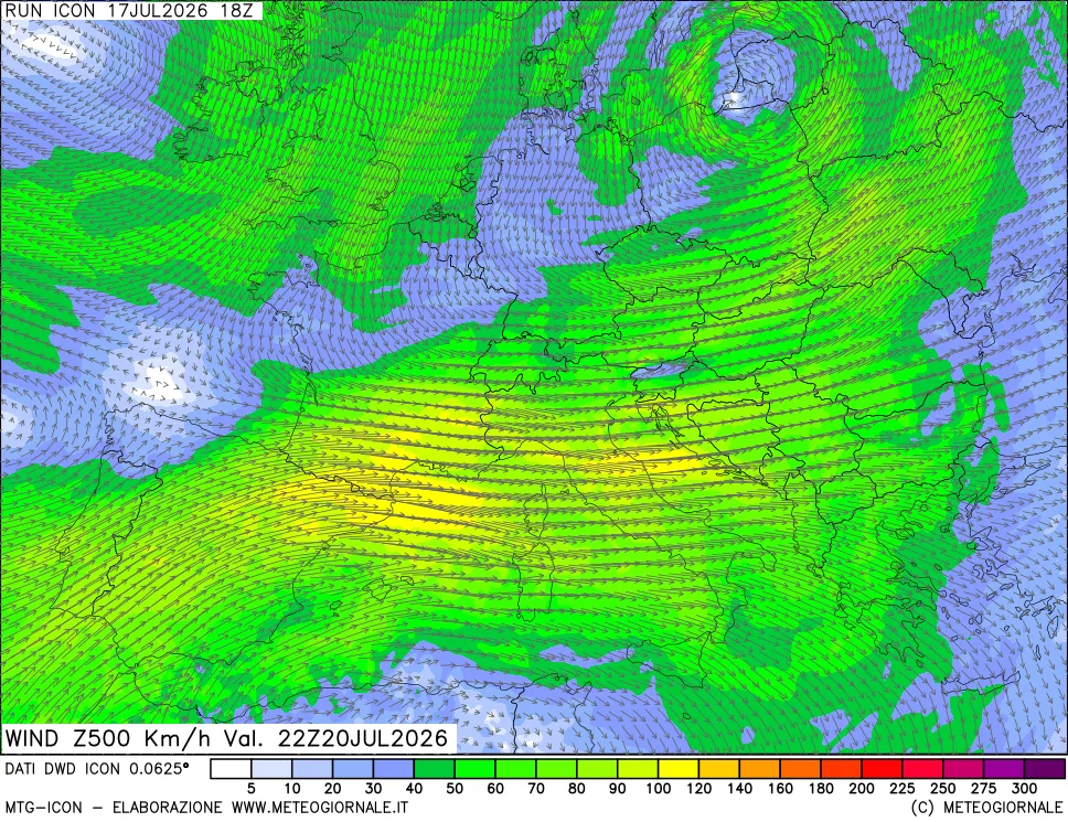 mappa 500 hPa Vento forza e direzione