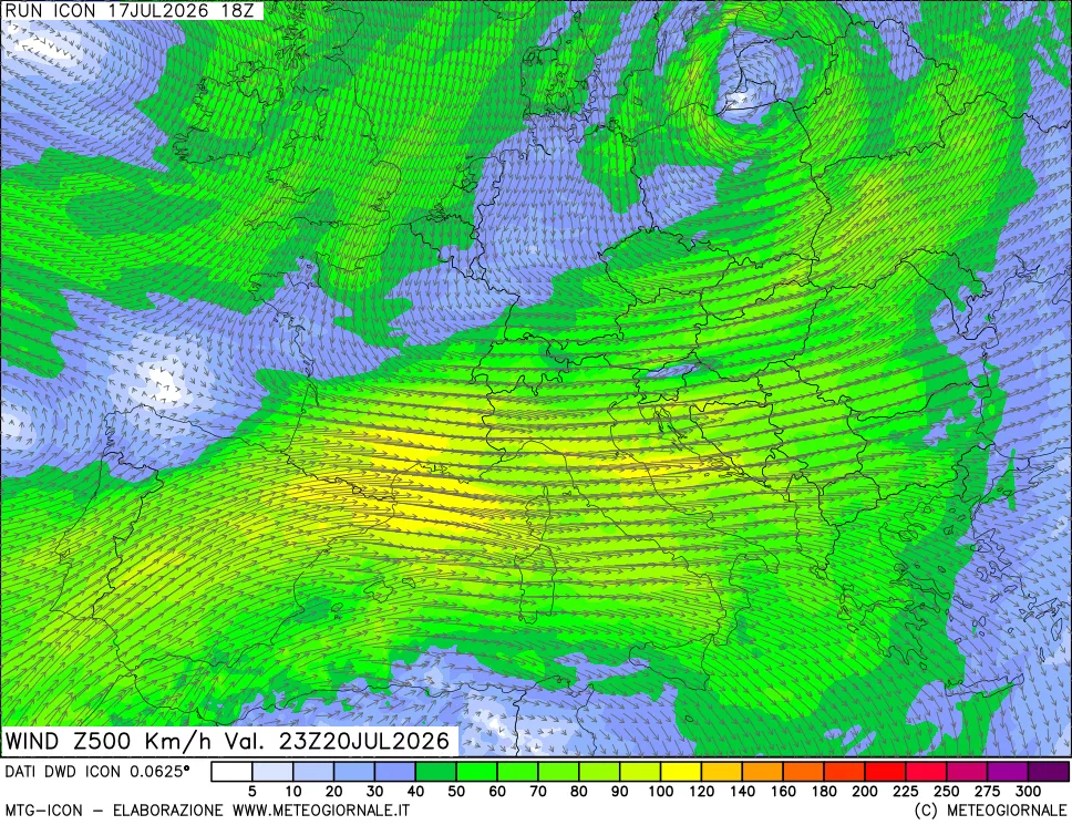 mappa 500 hPa Vento forza e direzione