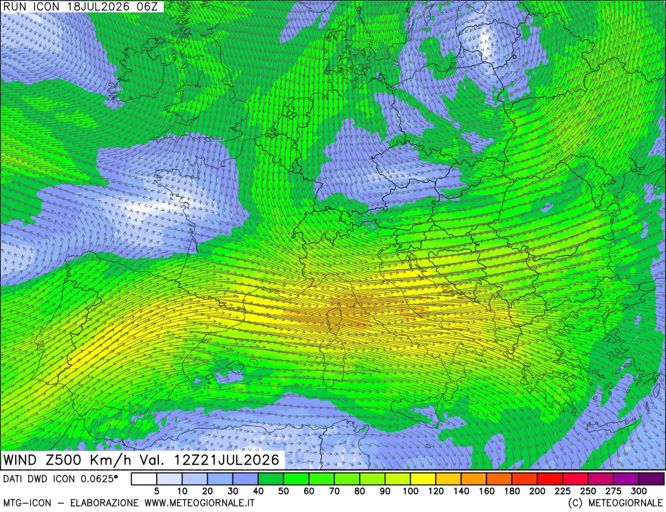 mappa 500 hPa Vento forza e direzione