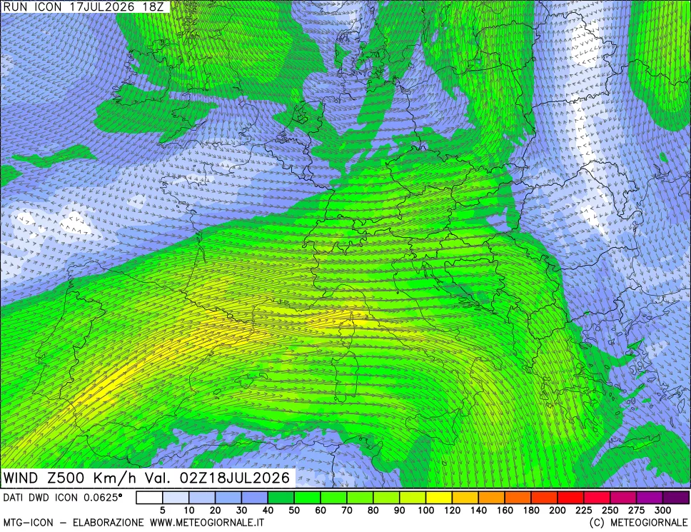 mappa 500 hPa Vento forza e direzione