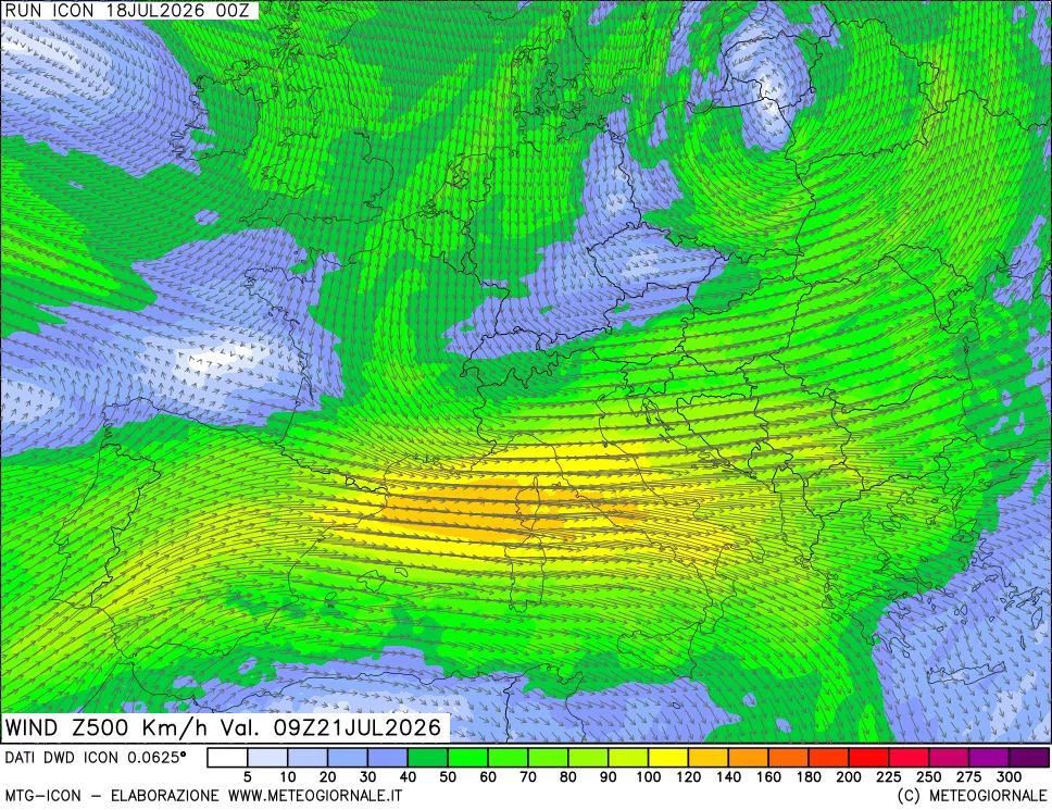 mappa 500 hPa Vento forza e direzione