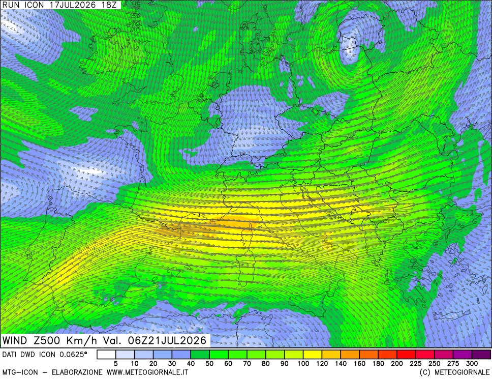 mappa 500 hPa Vento forza e direzione