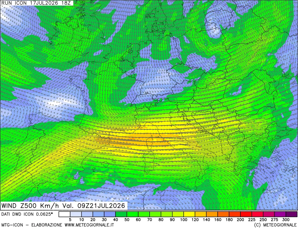mappa 500 hPa Vento forza e direzione