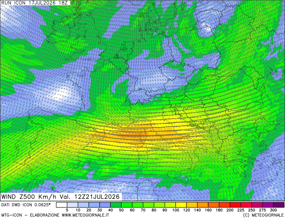 mappa 500 hPa Vento forza e direzione