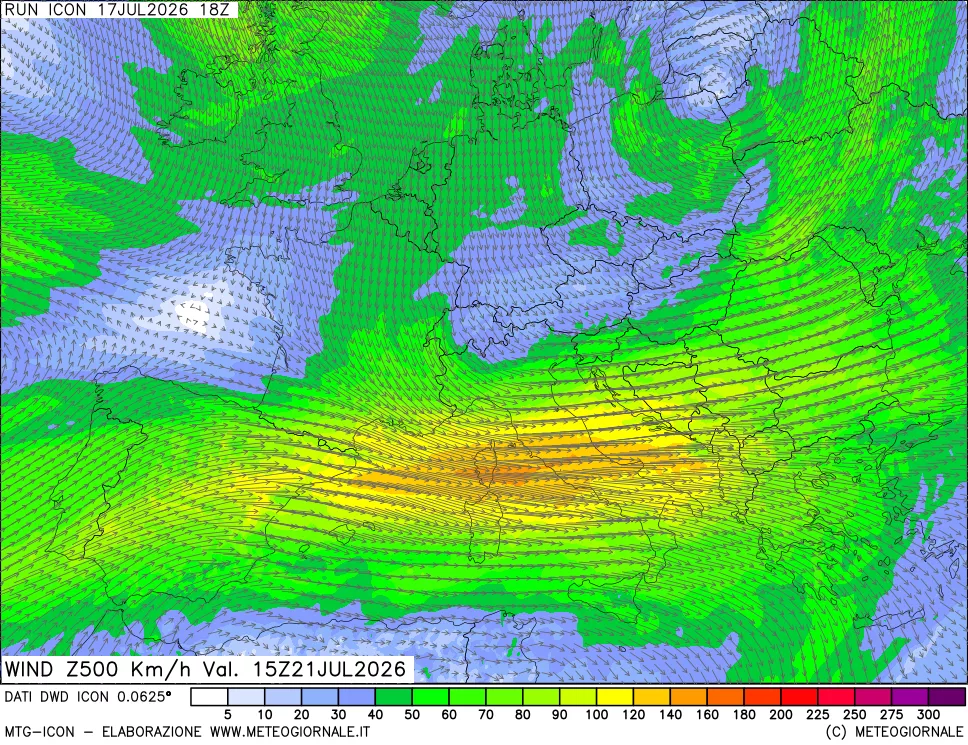 mappa 500 hPa Vento forza e direzione