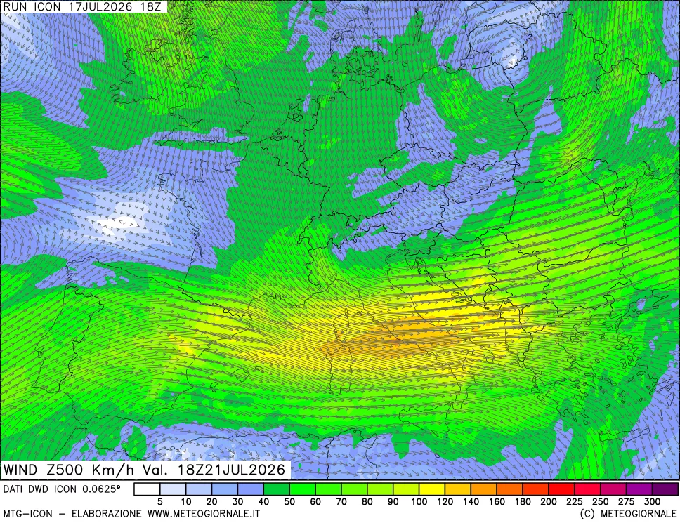 mappa 500 hPa Vento forza e direzione