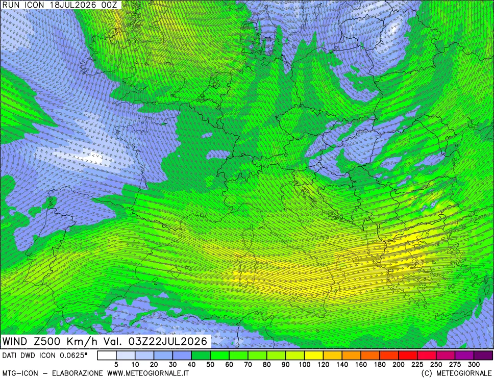mappa 500 hPa Vento forza e direzione