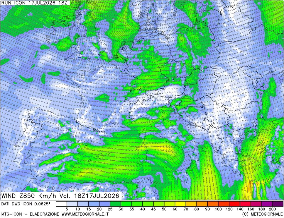 mappa 850 hPa Vento forza e direzione