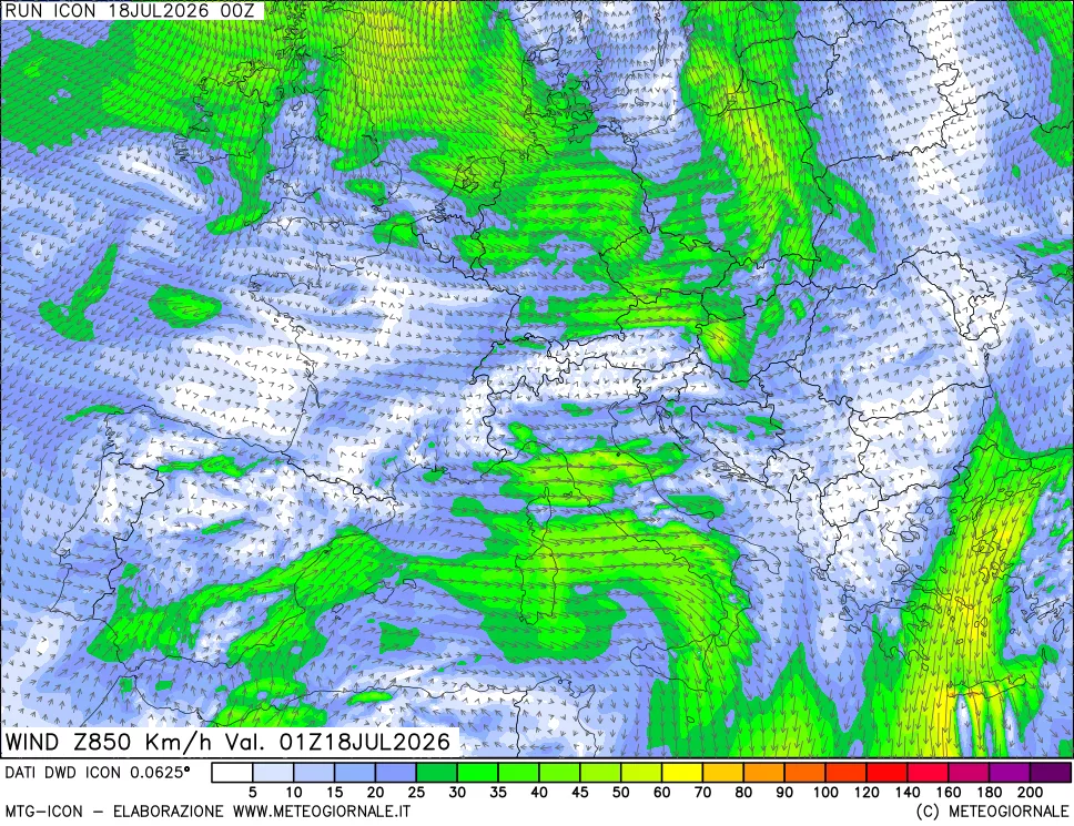 mappa 850 hPa Vento forza e direzione