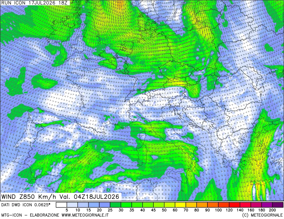 mappa 850 hPa Vento forza e direzione