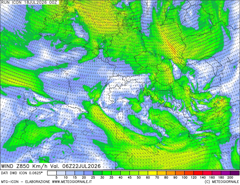 mappa 850 hPa Vento forza e direzione