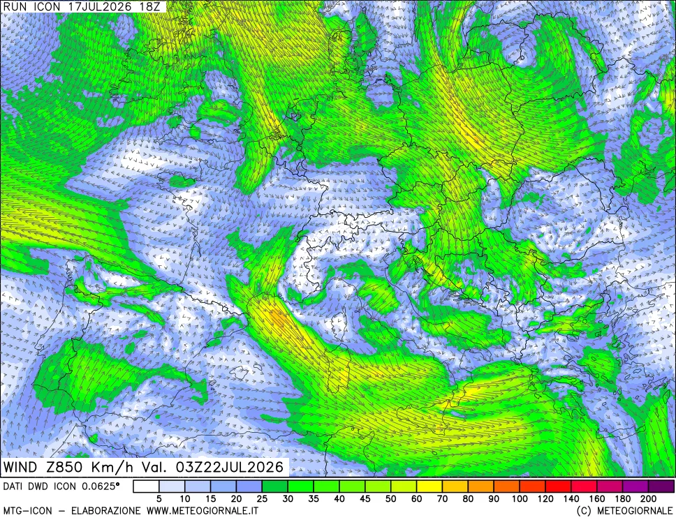 mappa 850 hPa Vento forza e direzione