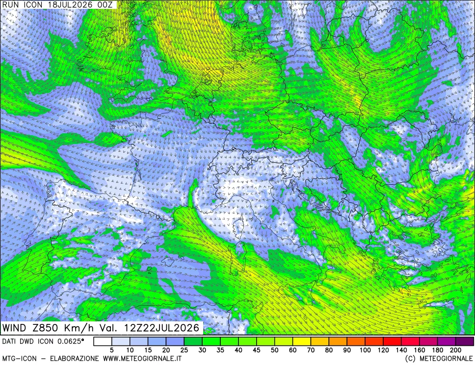 mappa 850 hPa Vento forza e direzione