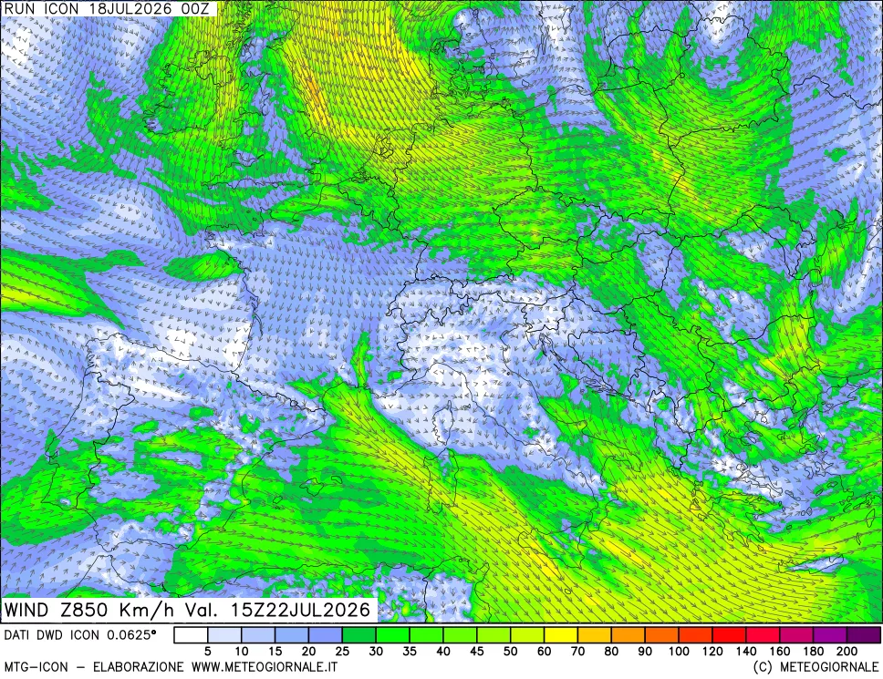 mappa 850 hPa Vento forza e direzione