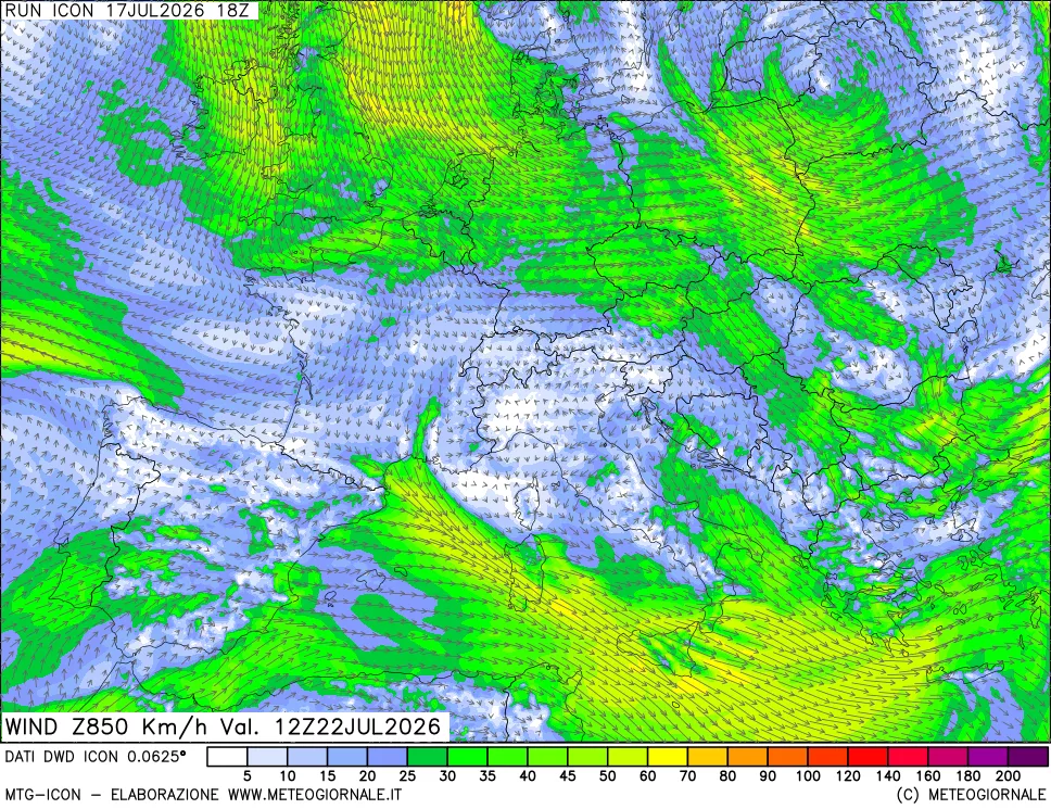 mappa 850 hPa Vento forza e direzione