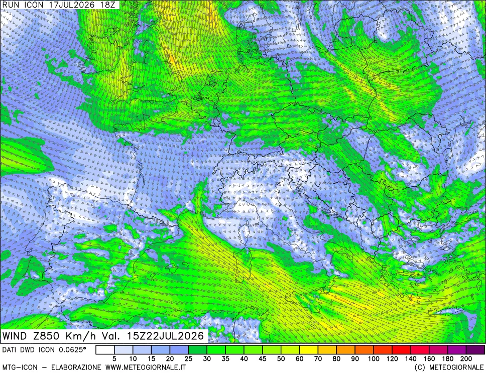 mappa 850 hPa Vento forza e direzione