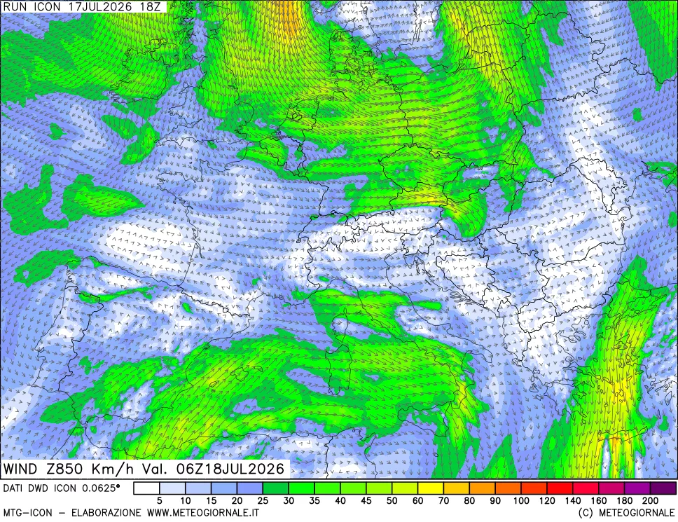 mappa 850 hPa Vento forza e direzione