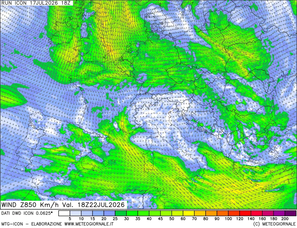 mappa 850 hPa Vento forza e direzione