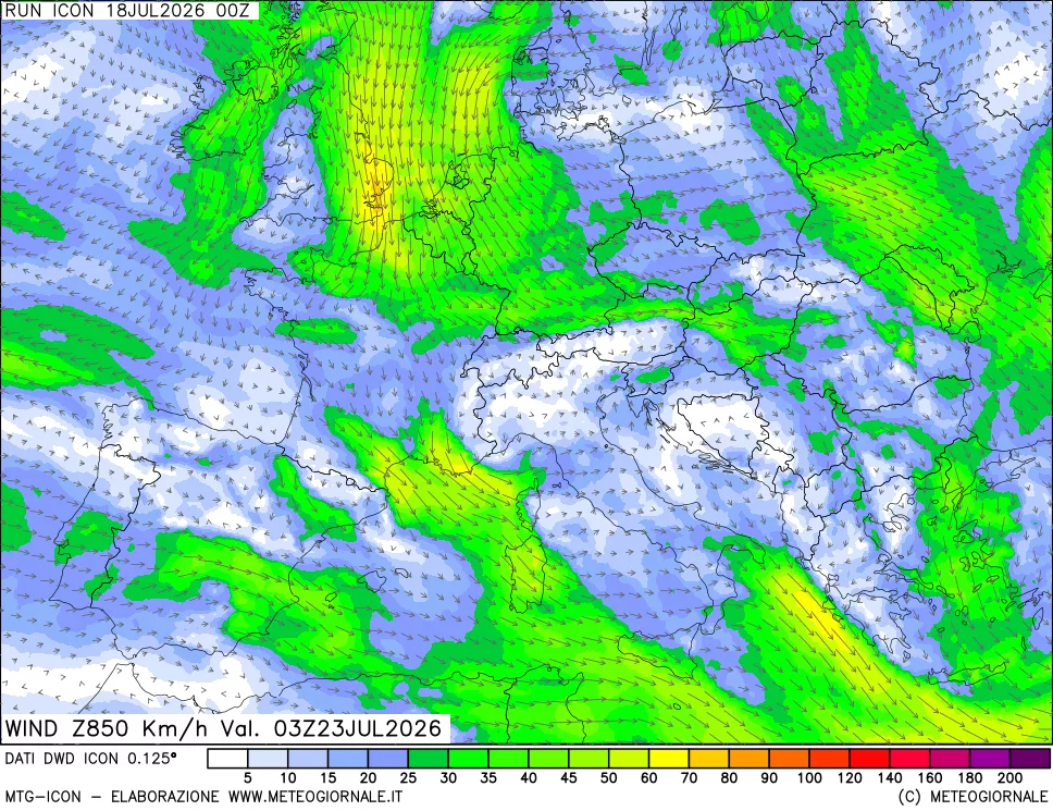 mappa 850 hPa Vento forza e direzione