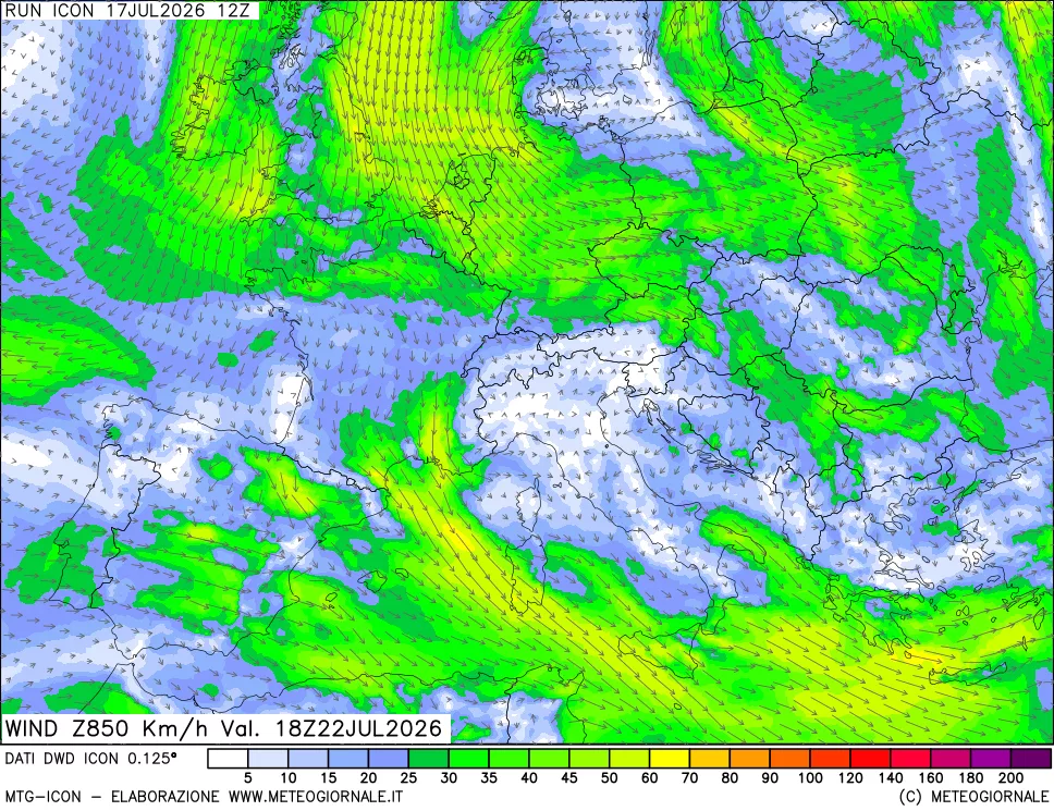 mappa 850 hPa Vento forza e direzione