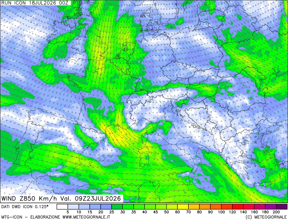 mappa 850 hPa Vento forza e direzione