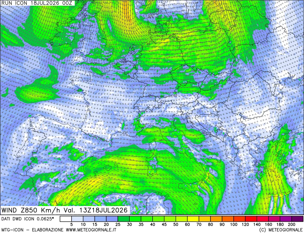 mappa 850 hPa Vento forza e direzione