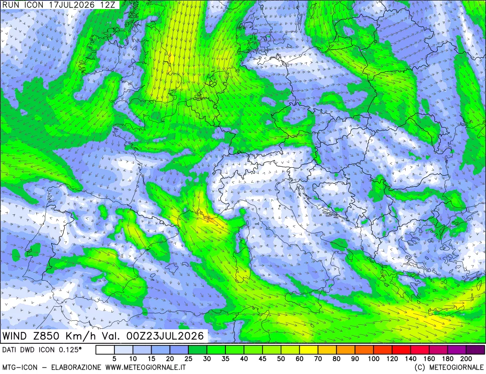 mappa 850 hPa Vento forza e direzione