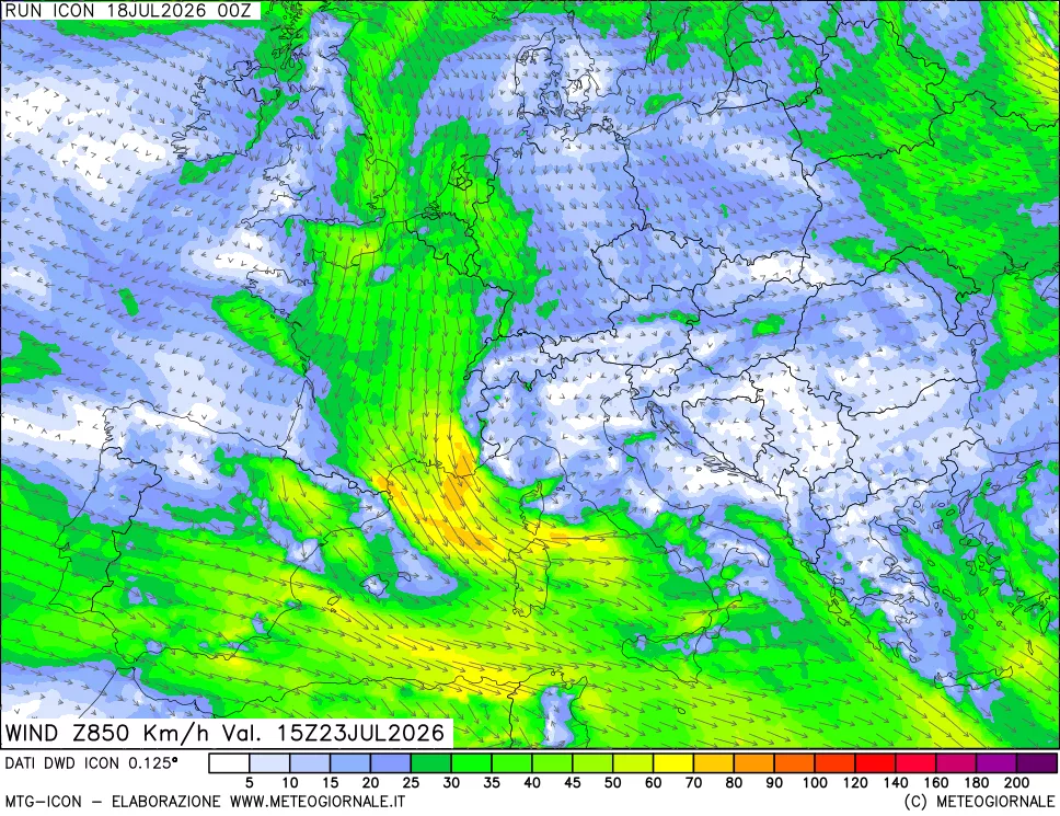 mappa 850 hPa Vento forza e direzione